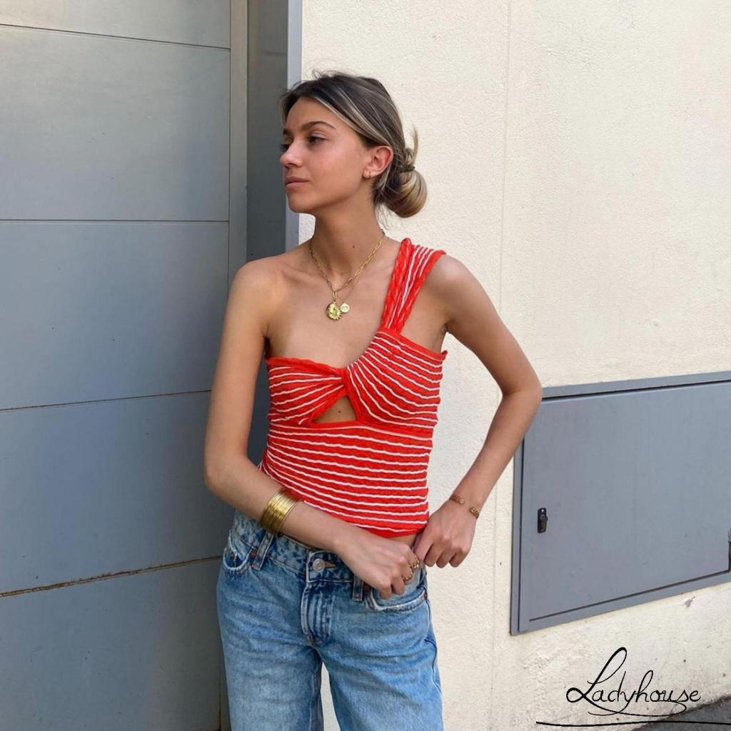 Áo Dệt Kim Không Tay Hở Vai Ôm Dáng Màu Sắc Tương Phản Dành Cho Nữ