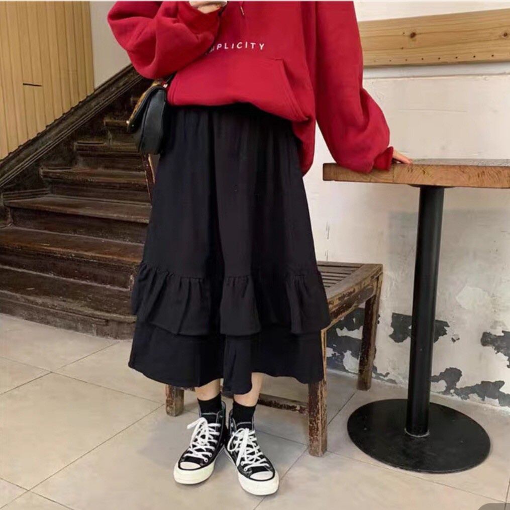 CHÂN VÁY XÒE XẾP BÈO 2 TẦNG - CHÂN VÁY DÁNG DÀI TẦNG VẠT BÈO 3 MÀU ULZZANG
