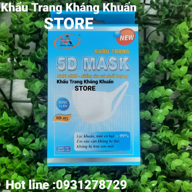 Khẩu trang 5D mask Nam Anh, Khẩu trang 5D người lớn, Khẩu trang 5D quai thun, (hộp 10 cái), 3 lớp, dày ôm sát mặt.