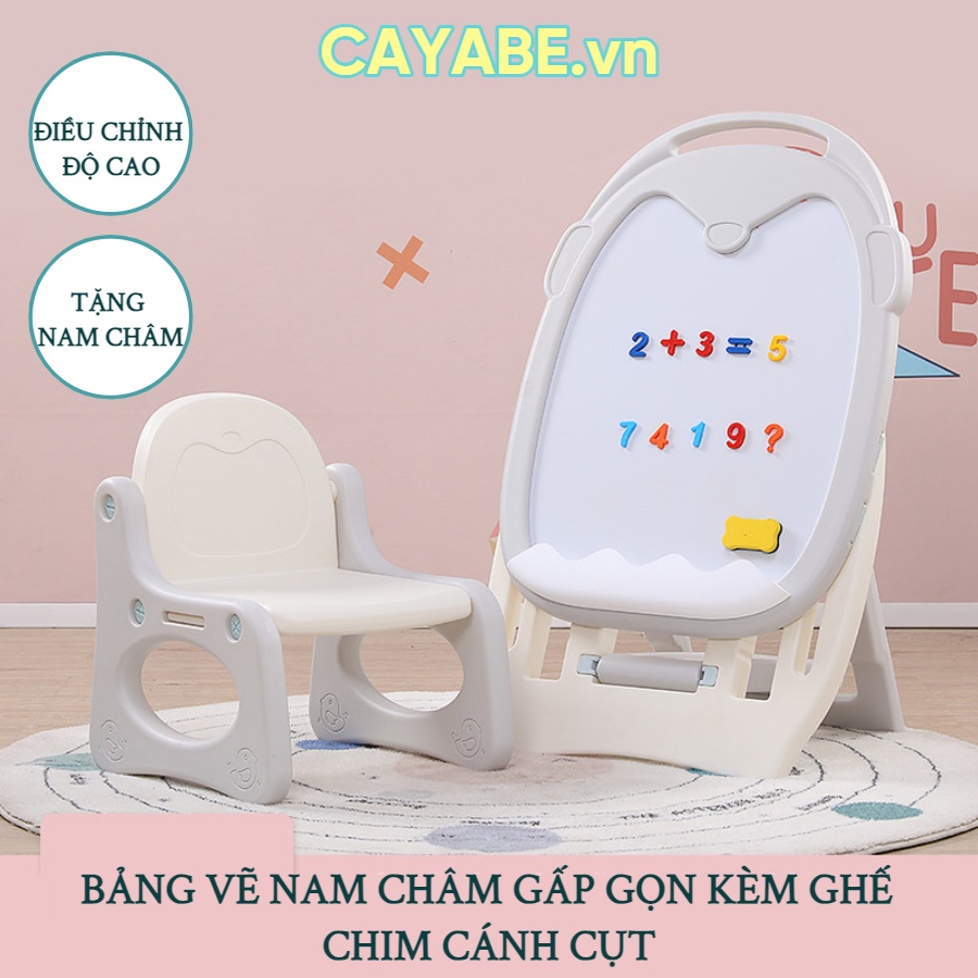 Bảng vẽ cho bé gấp gọn kèm ghế ngồi CAYABE hình chim cánh cụt màu xám trắng (tặng nam châm), bảng vẽ trẻ em có từ tính
