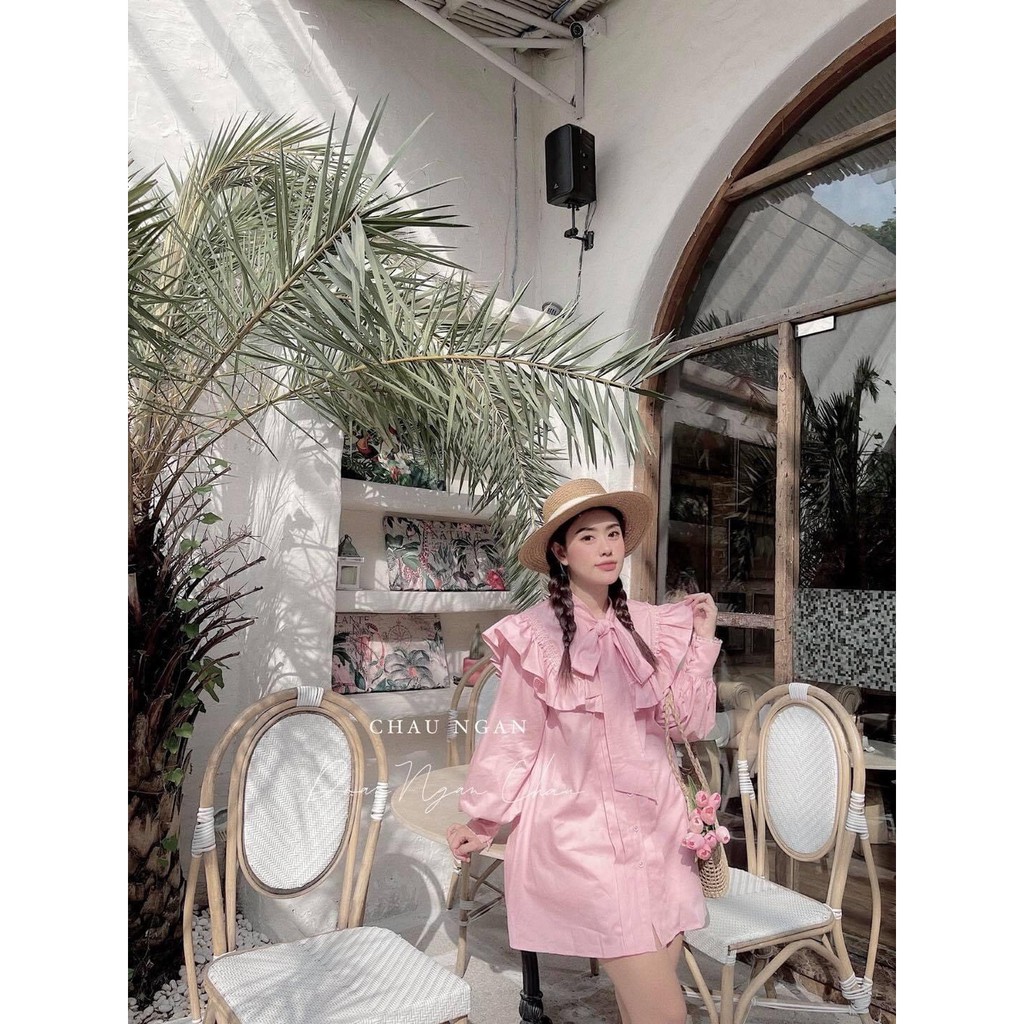 VÁY ĐẦM SƠ MI DÁNG SUÔNG CỔ NƠ PHỐI BÈO CỰC XINH