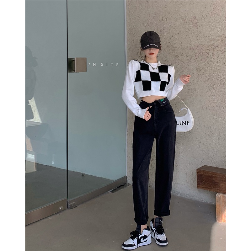 DUNEA Quần Denim Lưng Cao Ống Suông Cá Tính Thời Trang Cho Nữ