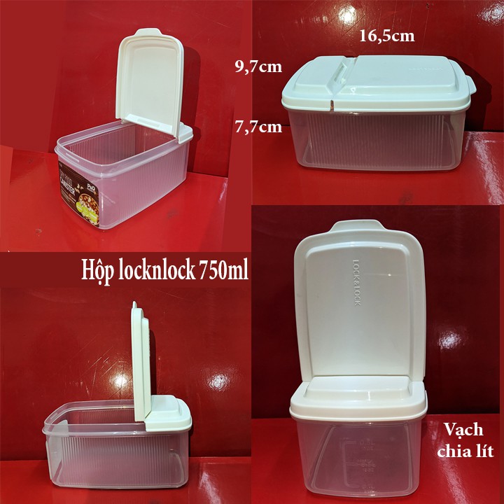 Hộp nhựa đựng thực phẩm nắp mở đứng vuông góc 750ml 16,5x9,7cm cao 7,7cm có vạch chia lít. Locknlock HTE534