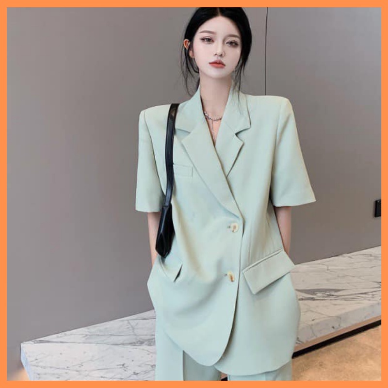 Set áo vest trơn XANH basic cộc tay kèm quần short form oversize, Set áo Blazer kèm quần short Hàn Quốc THỜITRANG1989 | BigBuy360 - bigbuy360.vn