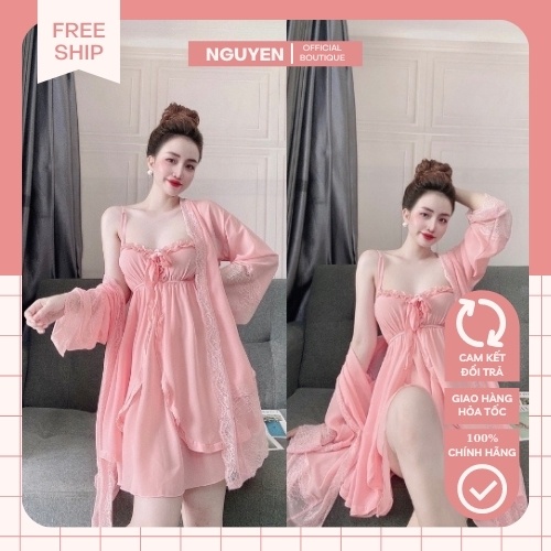 Áo Choàng Kimono Kèm Váy Voan Phối Ren NGUYEN, Set Đồ Ngủ Sexy 3 Món, Đầm Ngủ Voan Cao Cấp Quyến Rũ Thời Trang Cho Nữ.