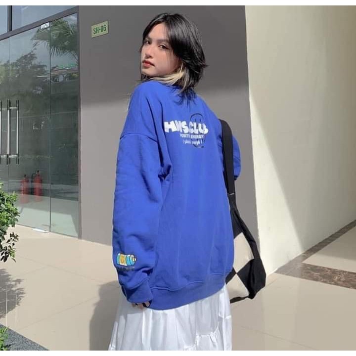 Áo sweater nỉ tay bồng unnisex Happy Sad màu xanh coban_Áo nỉ bông nam nữ basic, cá tính, hottend