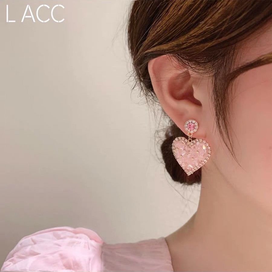 Khuyên Tai Hình Trái Tim Đính Đá Hồng Đáng Yêu Dành Cho Nữ