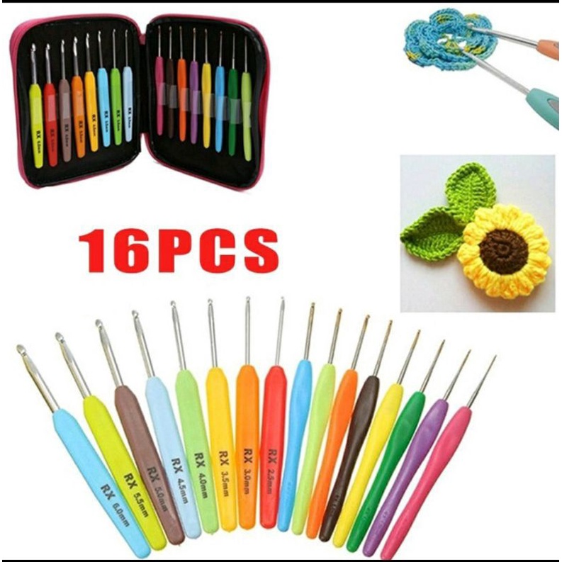 Bộ 16 kim móc len tay cầm chất liệu nhôm mềm nhiều màu sắt tiện dụng