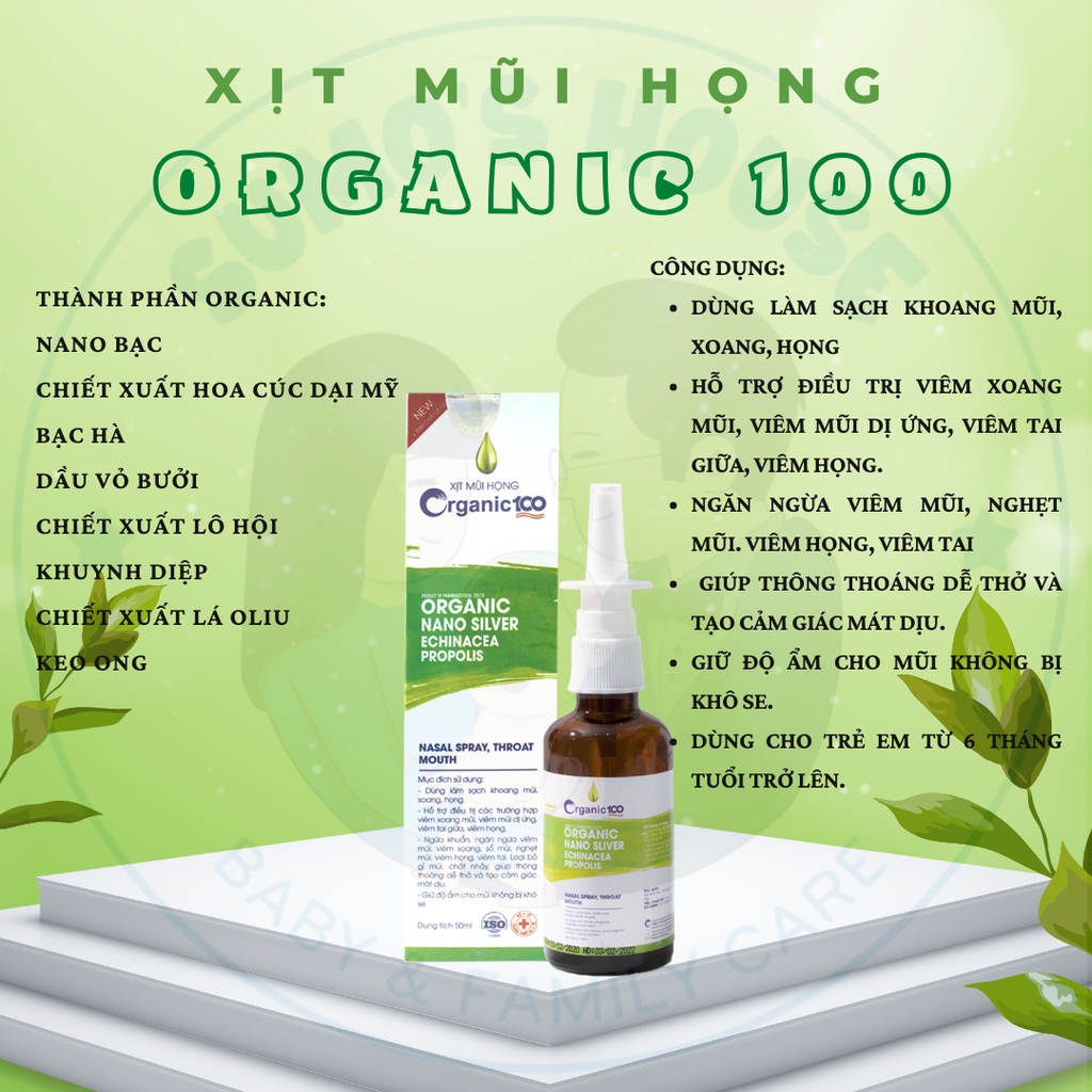 Xịt mũi, họng Organic 100 - Giảm ngạt mũi, thông mũi