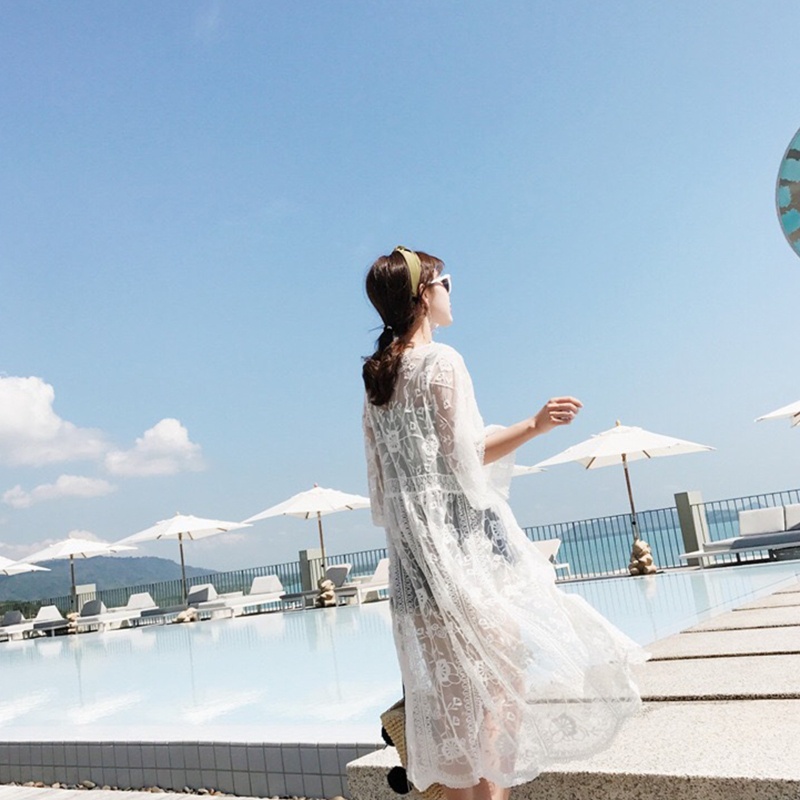 Áo Khoác Ren Mỏng Kimono Tay Lửng Hở Ngực Thêu Hoa Quyến Rũ Cho Nữ