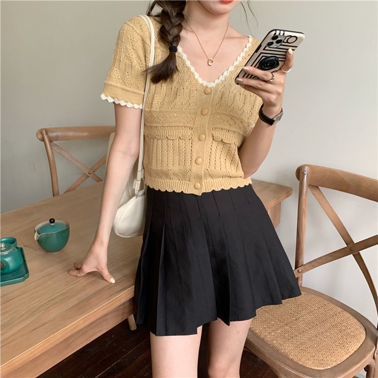 Áo Thun Dệt Kim Tay Ngắn Cổ Chữ v Phối Màu Sắc Trẻ Trung Hợp Thời Trang 165878 Áo Thun Ngắn Tay Ôm Dáng Thời Trang Dành Cho Nữ