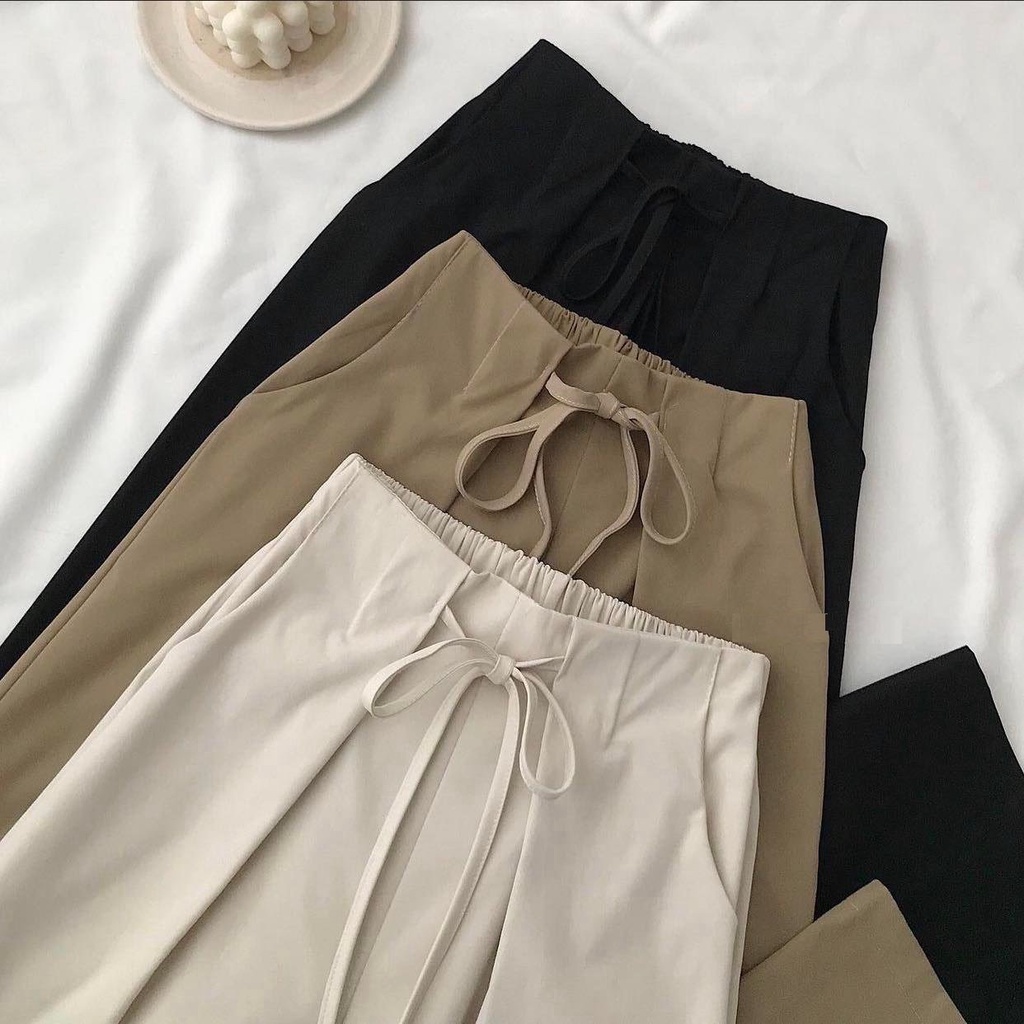 Quần Kaki Cạp May Viền Phối Nơ PEONYB Nữ [FREESHIP]  Culottes suông ống rộng lưng cao màu vintage cá tính Ulzzang