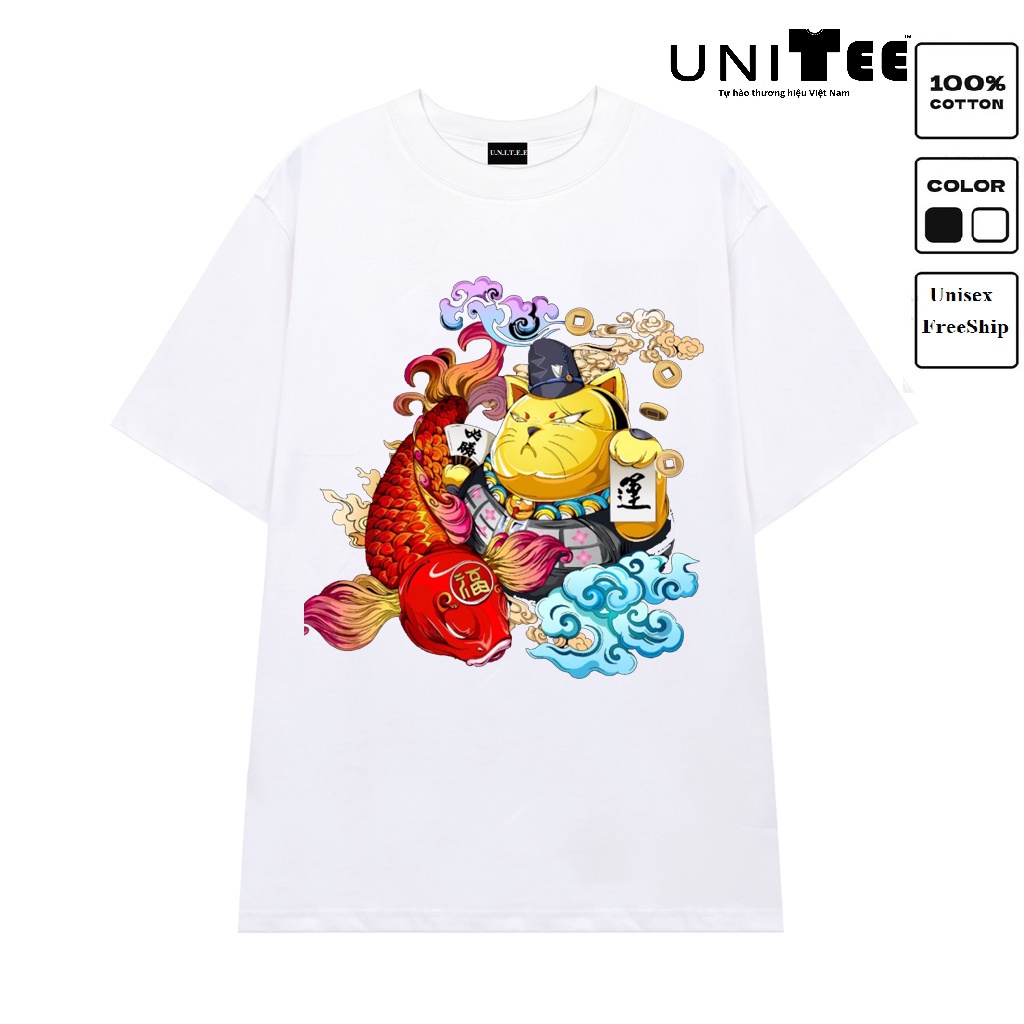 Áo thun tay lỡ Form rộng UT566 ❤️ UniTee ❤️ Áo phông Unisex nam nữ 45-60kg đen trắng in hình Mèo Thần tài FortuneCat | BigBuy360 - bigbuy360.vn