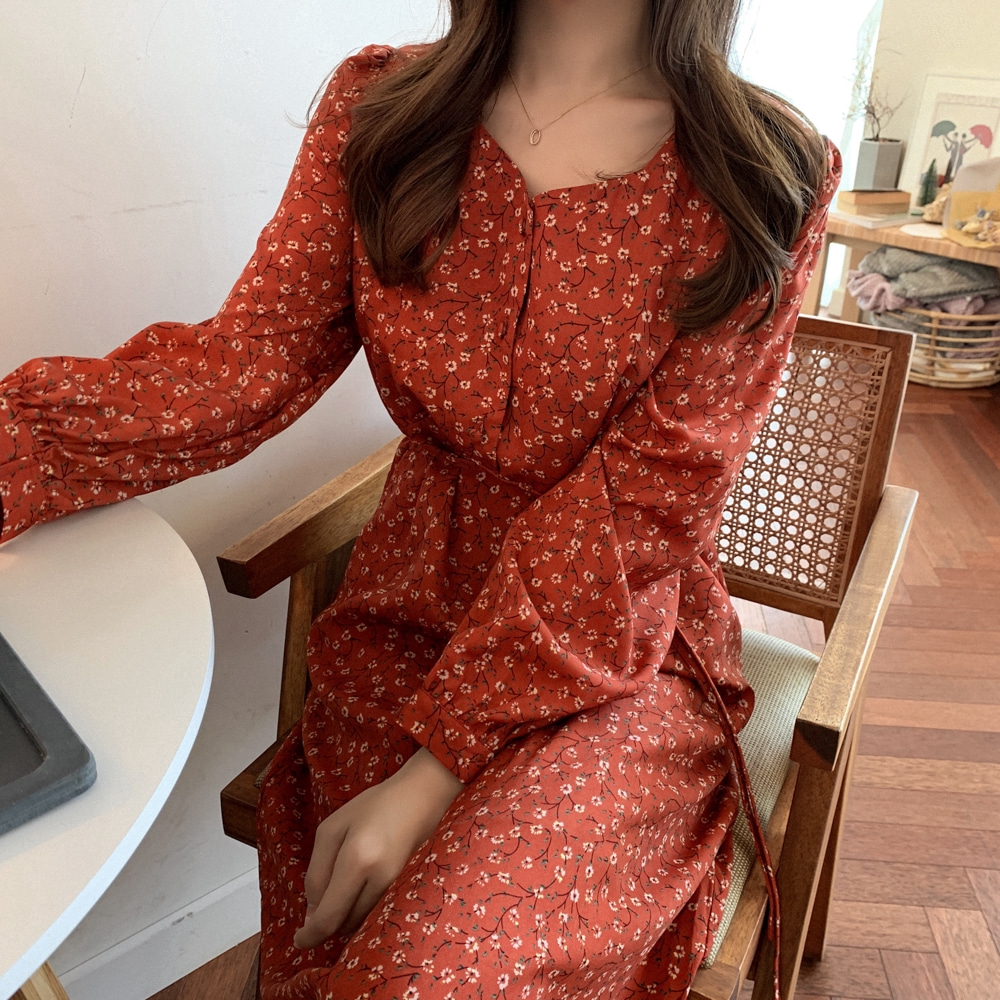 SUXI Đầm tay dài hoạ tiết hoa phong cách Hàn Quốc