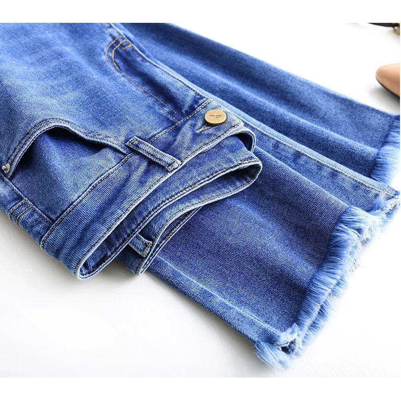 Quần Jean Nữ Lưng Cao OoKi Ống Loe Lai Tua Cotton co Giãn 4 Chiều Quần Bò Nữ Ống Bass Dáng Skinny 40- 65Kg