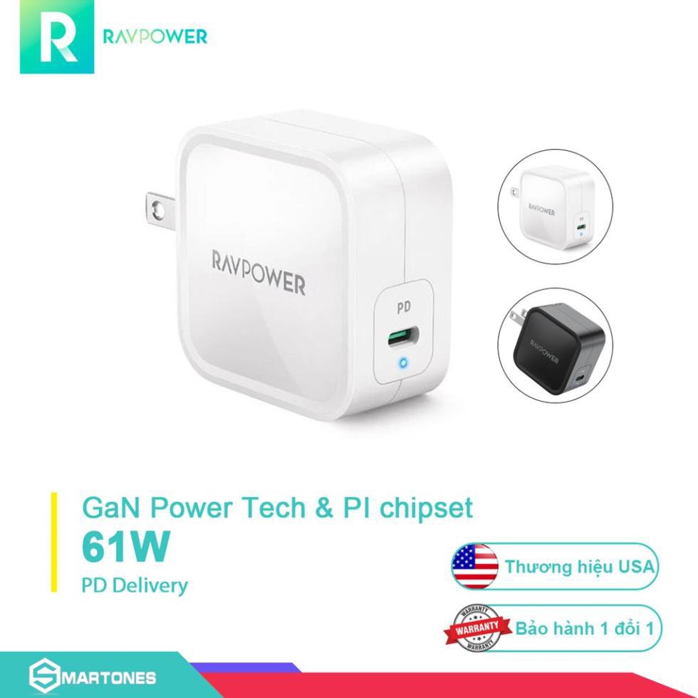 Sạc RAVPower RP-PC112 61W công nghệ GaN chuẩn sạc PD3.0 cho điện thoại, iPad , Macbook, Laptop..