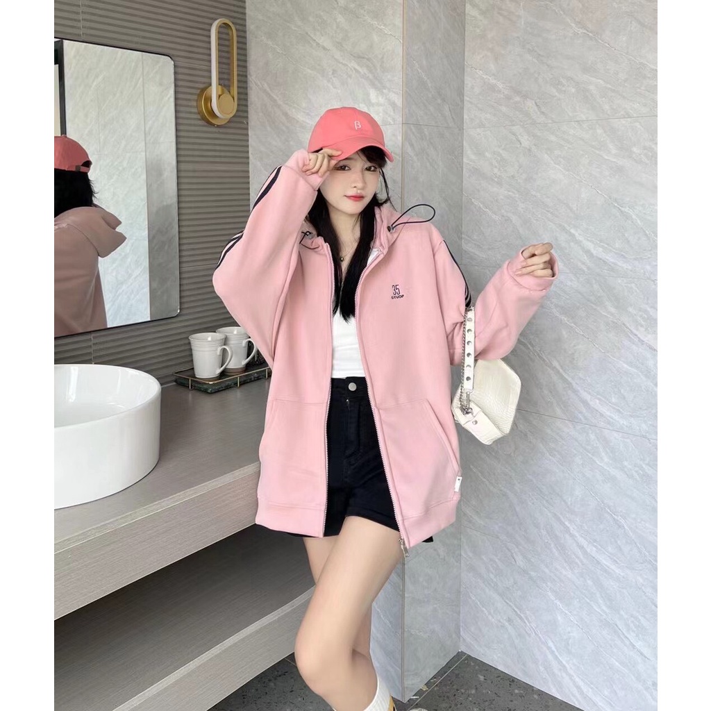 Áo khoác nỉ ngoại 3 sọc thêu 35 unisex [FREESHIP] Khoát hoodie zip form rộng tay bồng kiểu dáng thể thao peonyb ulzzang