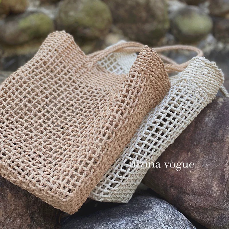 Túi Cói Tote Lưới Vuông Đan Thưa Không Lót Vải Đeo Vai Hàng Chuẩn Quảng Châu Xịn Tặng Nơ Ren Dễ Thương