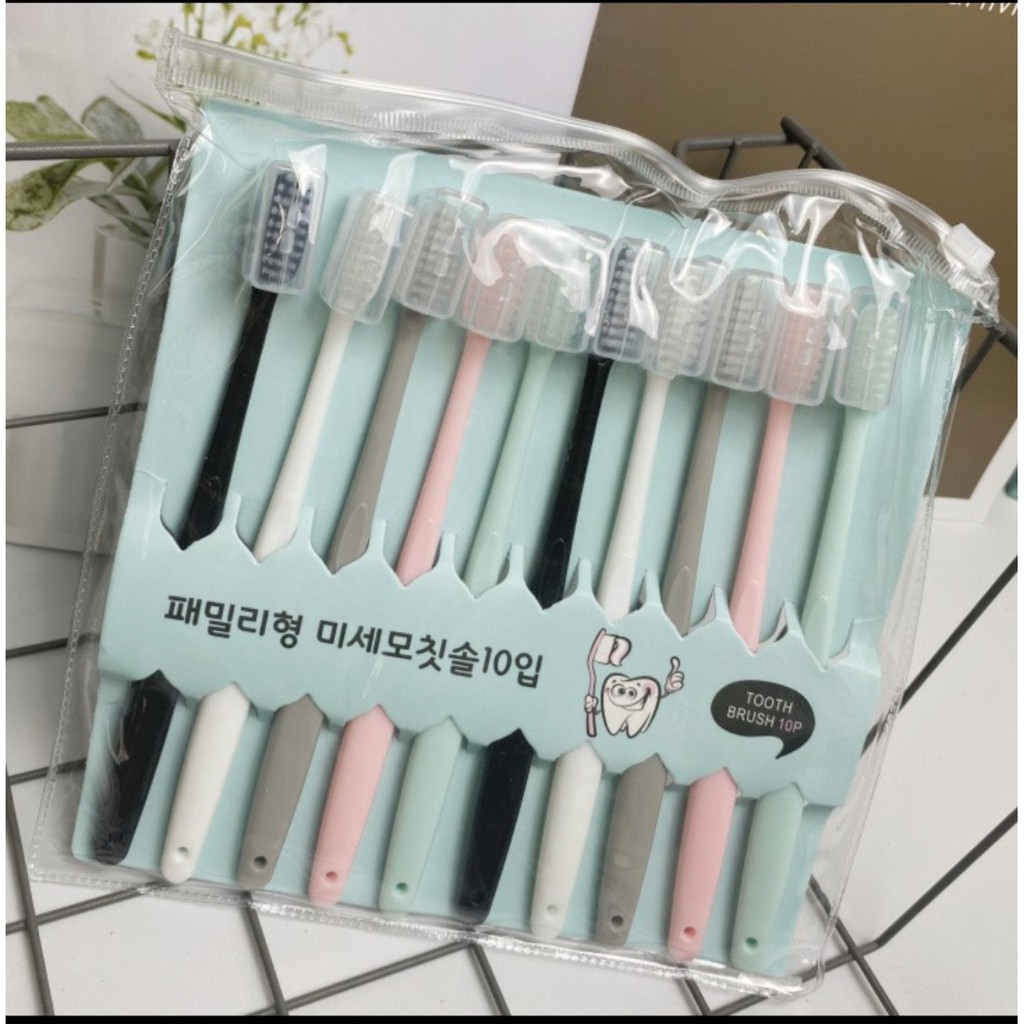 Set 10 bàn chải đánh răng Macaron xuất Nhật có nắp đậy và túi zip kháng khuẩn cho cả gia đình