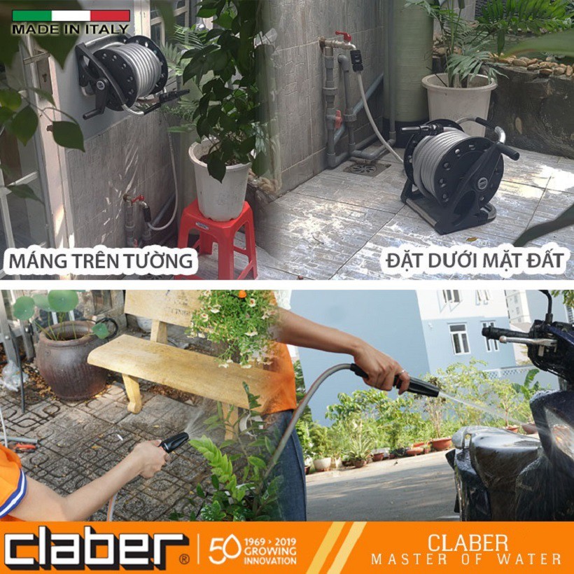 Combo Bộ Dây Và Vòi Tưới Cây [Made In Italy] Claber 15m Aquapony Kit 8884 và móc treo tường kim loại, phi ống 12mm