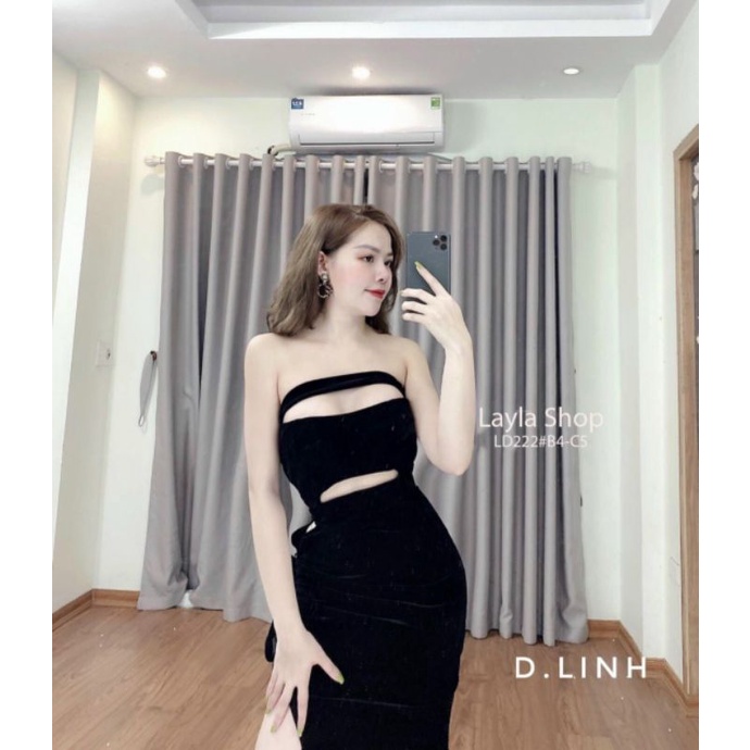 Váy Nhung body hở bụng khoét sườn chân váy vát chéo sang chảnh.