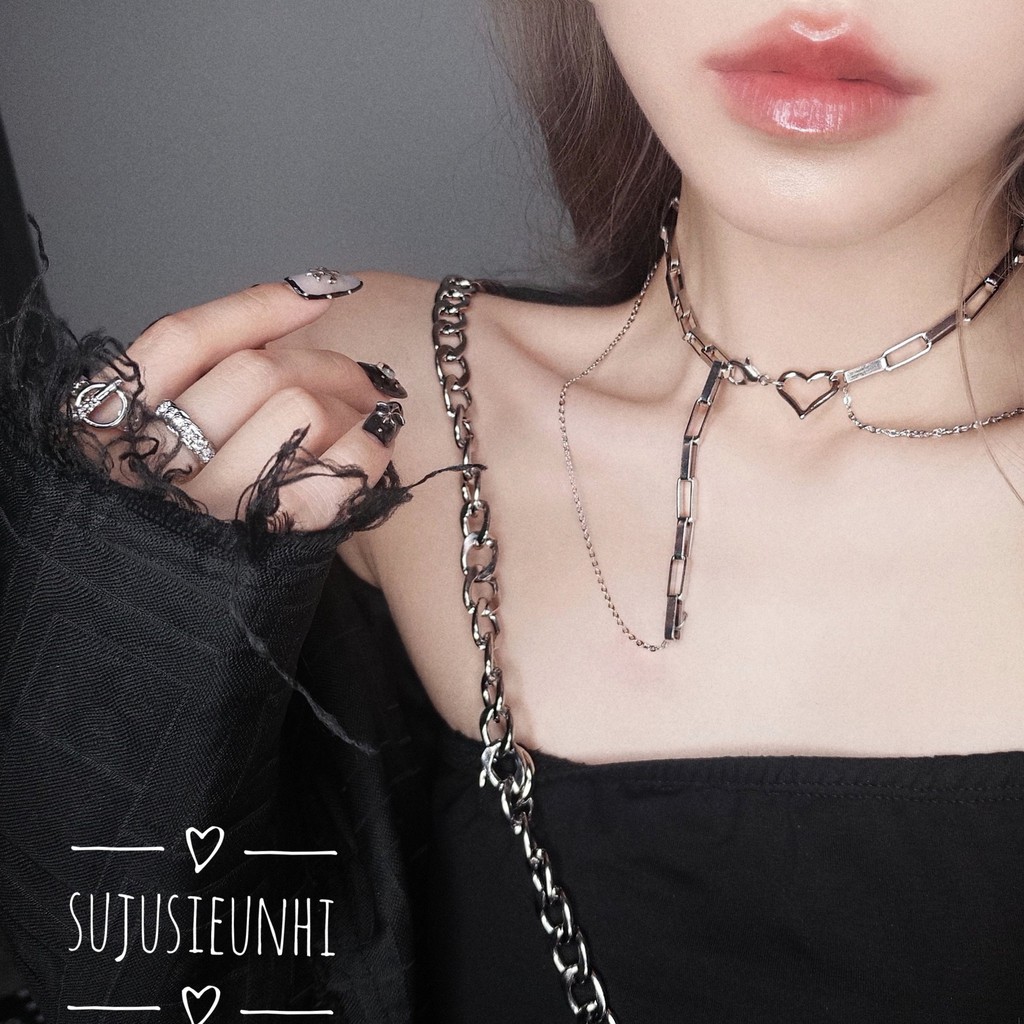 Vòng cổ choker dây đôi xích dài phối hình trái tim nữ tính