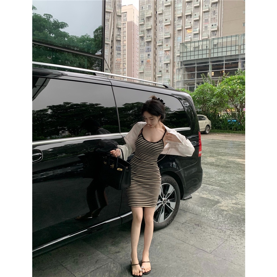 Cocory vn Đầm Hai Dây Dáng Ôm Họa Tiết Kẻ Sọc Thời Trang Mùa Hè Quyến Rũ Cho Nữ