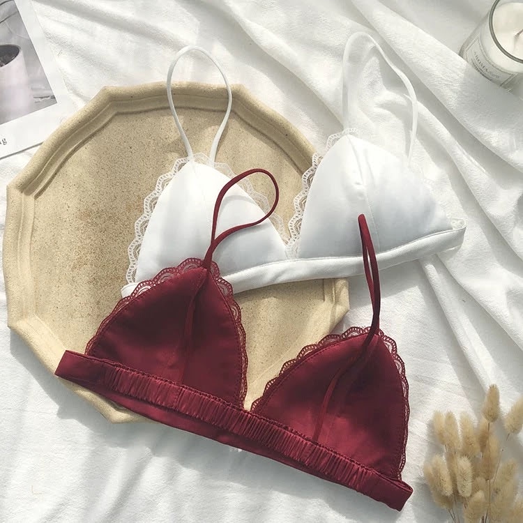 Áo Lót Bralette Vải Satin Dây Mảnh Không Gọng Viền Ren Không Đệm Mút Sexy B066