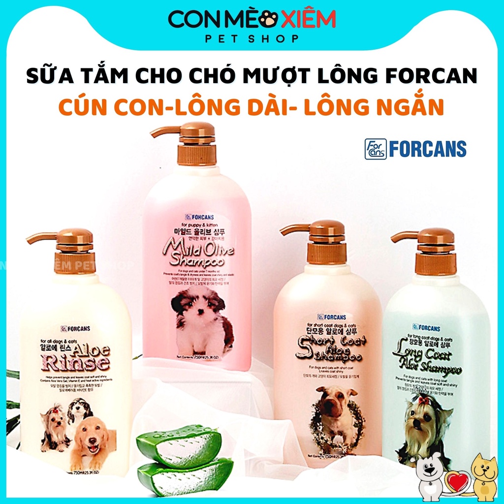 Sữa tắm chó mèo oliu nha đam Forcans 750ml, gội xả dưỡng lông olive lô hội chó mèo mềm mượt Con Mèo Xiêm Shop