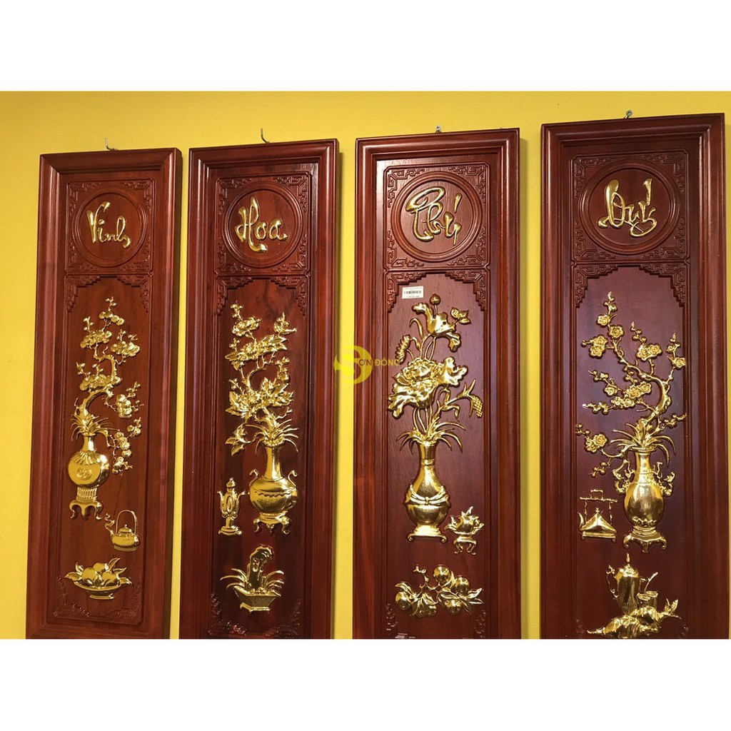 Tranh tứ quý gỗ hương dát vàng DÀI 1m07 NGANG 37