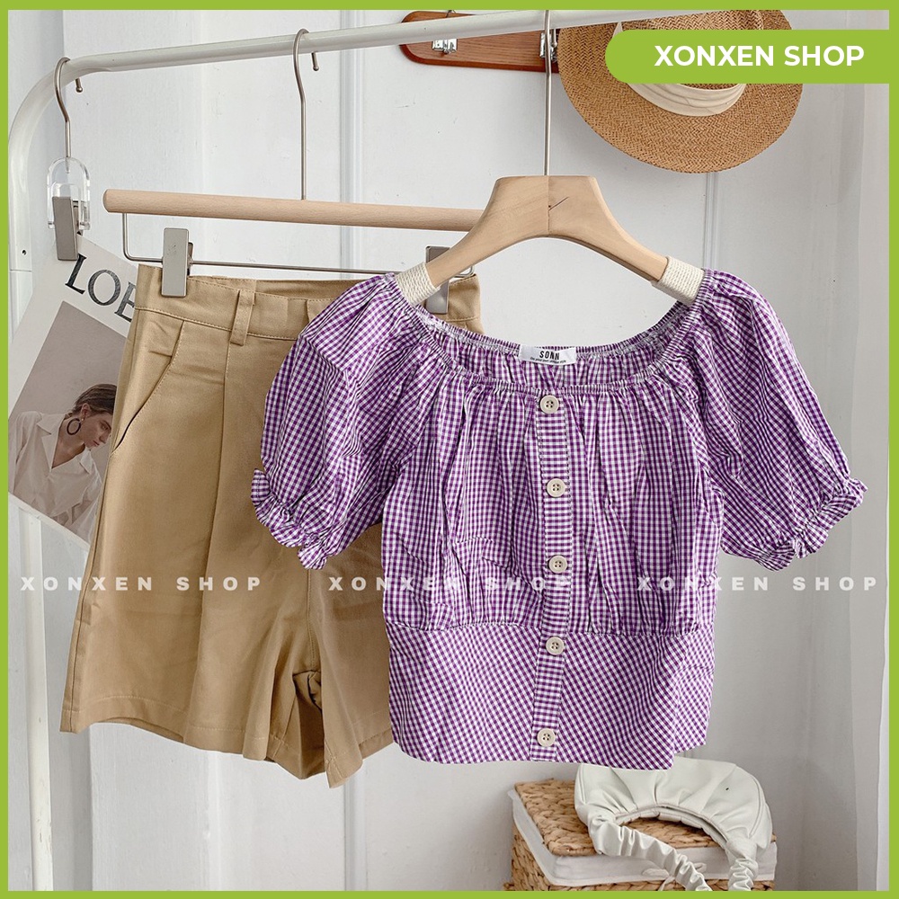 Áo kiểu bệt vai áo kiểu caro nhỏ nhẹ nhàng nữ tính XONXEN SHOP QUẢNG NGÃI freesize mã 54