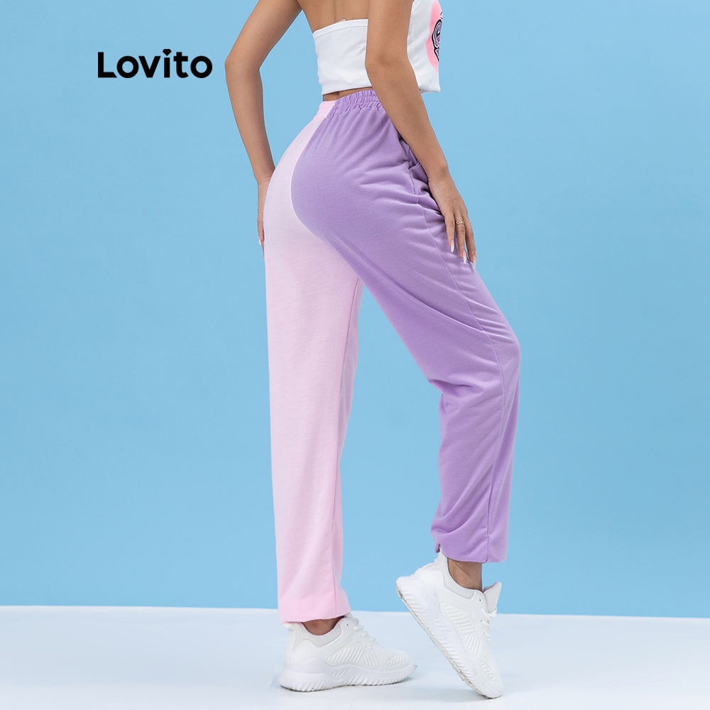 Quần Lovito dây rút ghép nối màu sắc trơn in họa tiết phong cách thể thao L06081 (Màu tím)