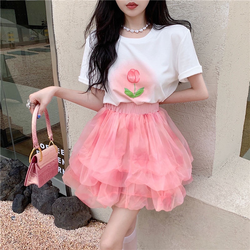 Jiashucheng Set Áo Thun Ngắn Tay In Họa Tiết + Chân Váy Lưới Eo Cao Thời Trang Mùa Hè Cho Nữ