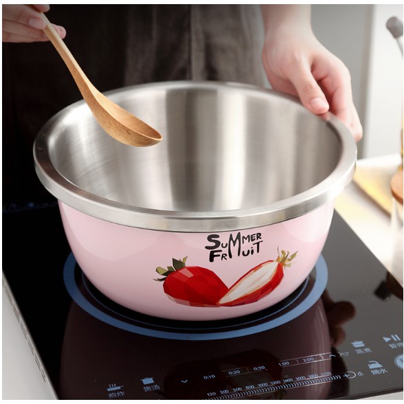 Thau inox 304 Onlycook rửa rau vo gạo nhào bột đánh trứng in hình hoa quả mùa hè dễ thương phong cách Hàn Quốc