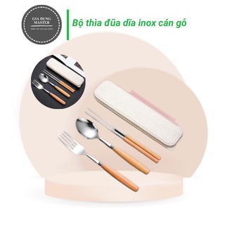 Bộ 3 Món Thìa, Đũa, Dĩa Chất Liệu Inox 304 Không Rỉ, Cán Gỗ Kèm Hộp, Bộ Muỗng,Thìa, Nĩa Dùng Cá Nhân