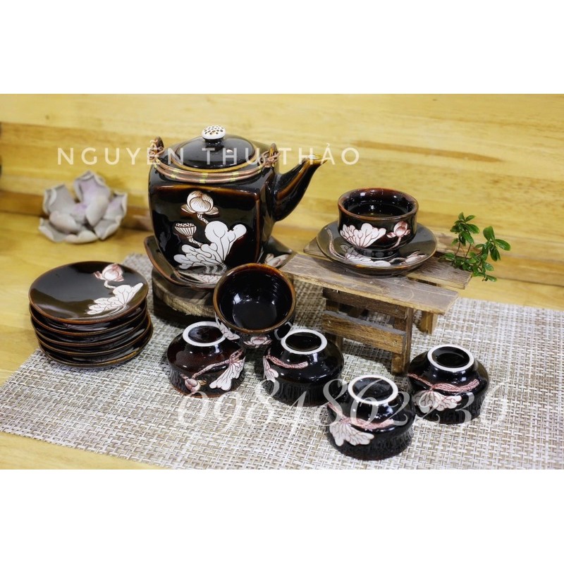 Bộ ấm chén men hoả biến dáng ấm vuông Bát Tràng - Bộ trà cao cấp