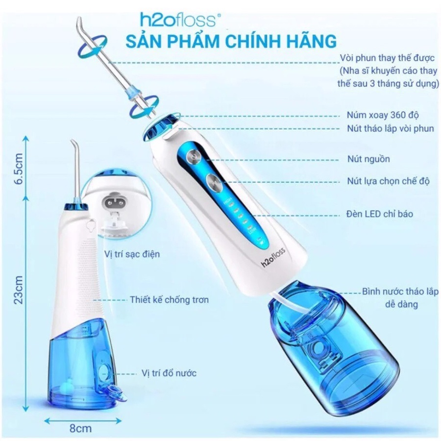 Máy tăm nước cao cấp cầm tay H2OFloss HF9P - Tặng Kèm Túi Đựng - Công Nghệ Chống Nước IPX7 - Phiên Bản Mới Nhất 2022