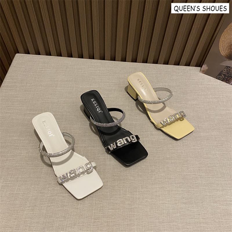 Giày Sandal Gót Dày Quai Đính Đá Chữ Thời Trang Nữ Sành Điệu