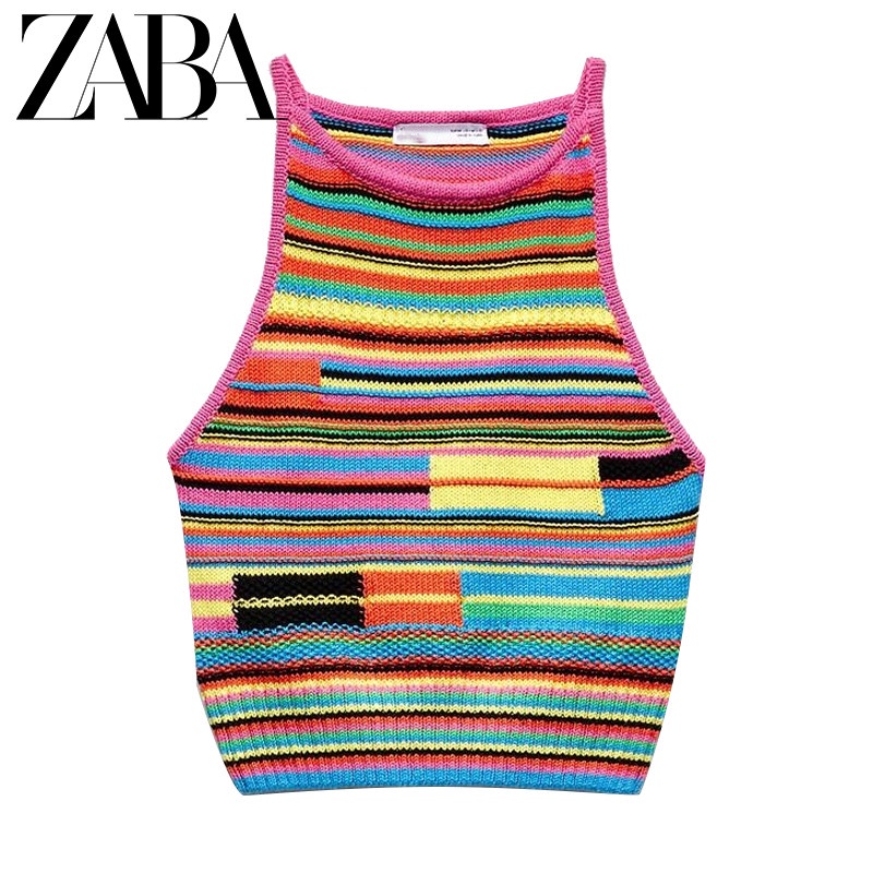 ZARA Áo Dệt Kim Sát Nách Cổ Tròn Kẻ Sọc Màu Cầu Vồng Thời Trang Mùa Hè 2022 Zara5802052 Áo Thun Mùa Hè Kiểu Dáng Trẻ Trung Năng Động
