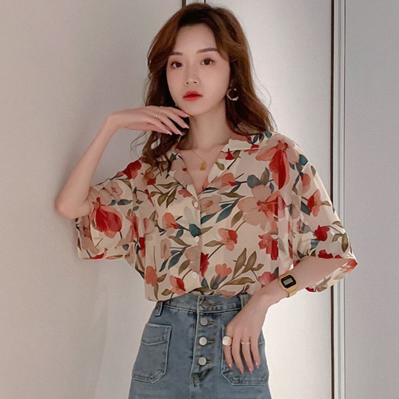 Áo Voan Hoa 164052 Áo Sơ Mi Dáng Rộng Thiết Kế Trẻ Trung Cá Tính