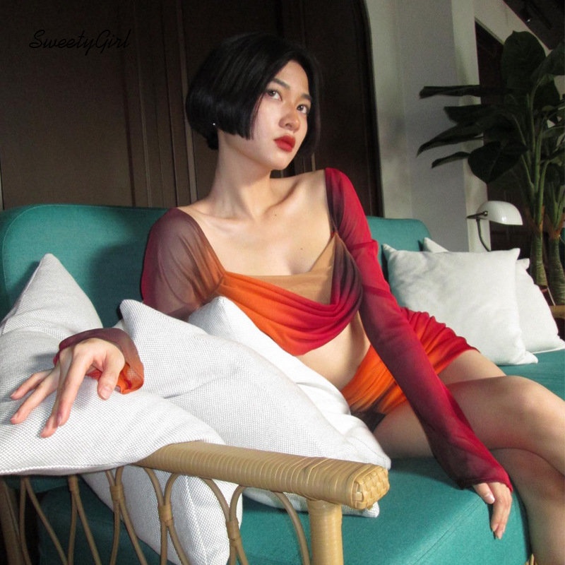 Bộ Áo Trễ Vai Tay Dài Dáng Ôm Nhuộm Màu Độc Đáo Thời Trang 2022 Cho Nữ