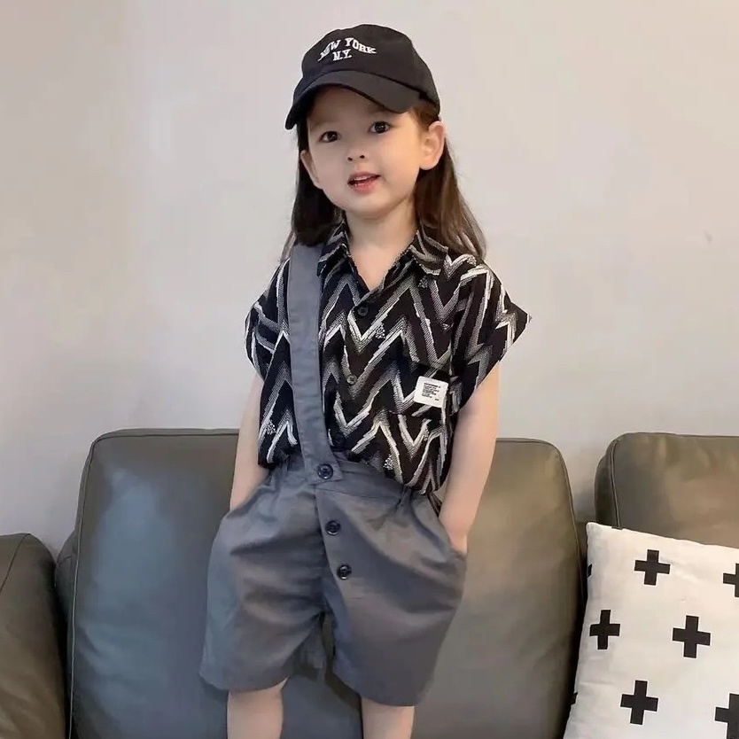 Bộ Áo Sơ Mi + Quần Short Họa Tiết Gợn Sóng Thời Trang Mùa Hè 2022 Cho Bé