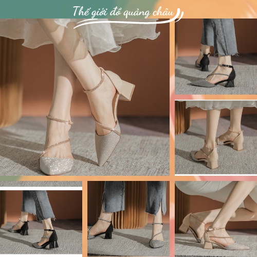Giày sandal cao gót mũi nhọn đính đá gót vuông phong cách Hàn Quốc (782)