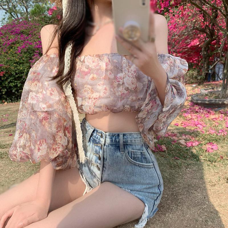 Áo Crop top chiffon Tay Ngắn Trễ Vai In Họa Tiết Hoa Thời Trang Hàn Quốc Dành Cho Nữ