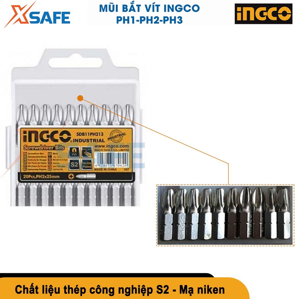 Mũi bắt vít INGCO đầu vít PH1-PH2-PH3 dài 25mm, chất liệu thép công nghiệp S2 mạ niken, không gỉ [CHÍNH HÃNG][XSAFE]