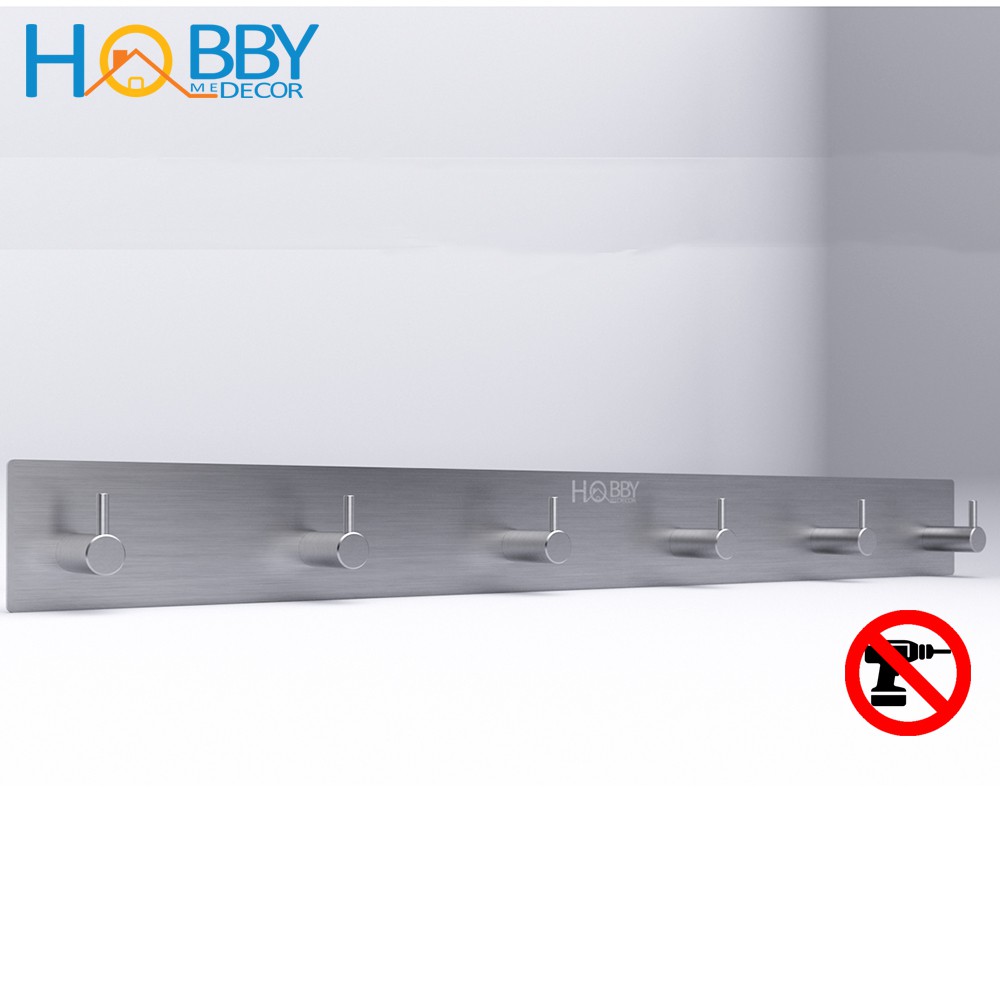 Thanh treo quần áo 6 chấu HOBBY 6TV160 Inox 304 dán tường gạch men, kính - kèm keo dán 3M siêu dính