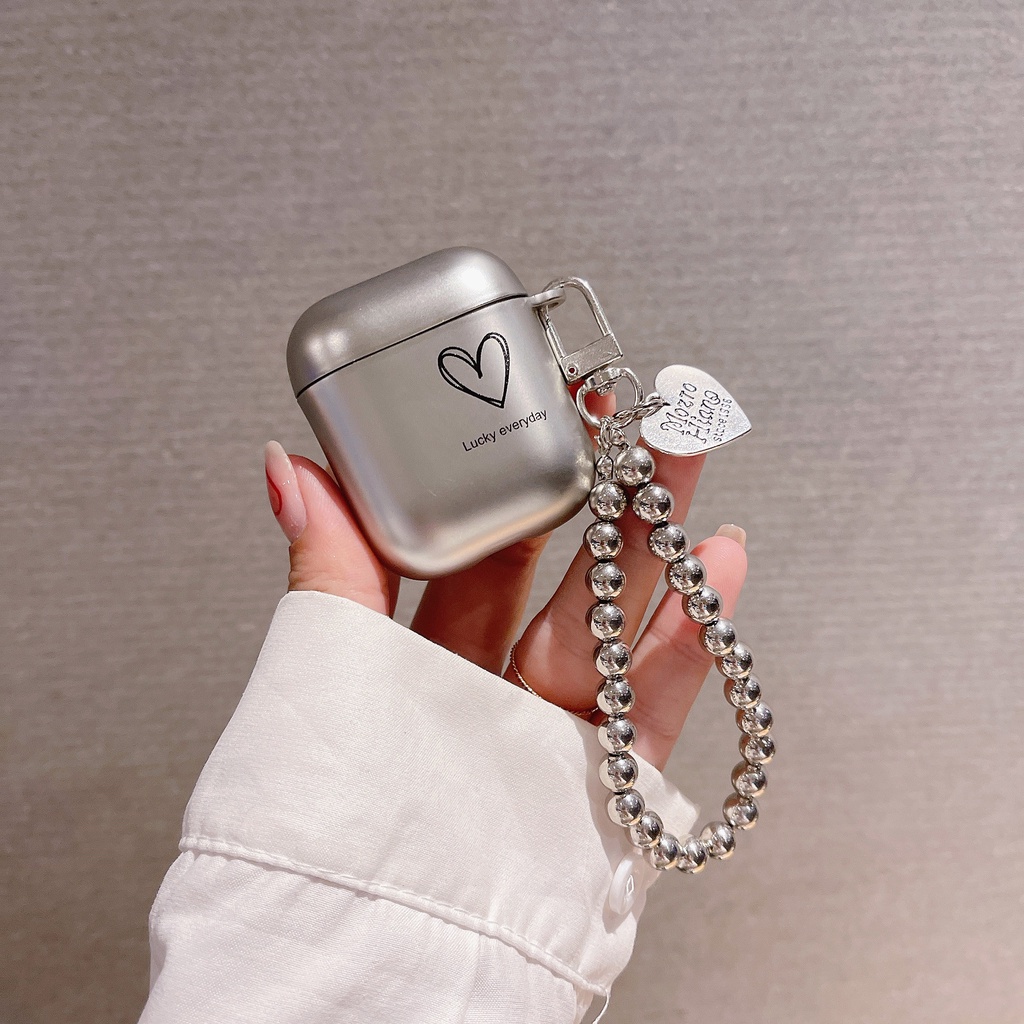 Vỏ Bảo Vệ Hộp Sạc Tai Nghe AirPods 1 2 pro 3 2021 gen3 Bằng PC Cứng Họa Tiết Trái Tim Màu Bạc Thời Trang Chống Rơi