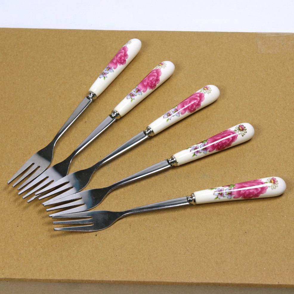 HOT [ Flash Sale ] Bộ 5 nĩa inox dĩa cán sứ họa tiết đẹp