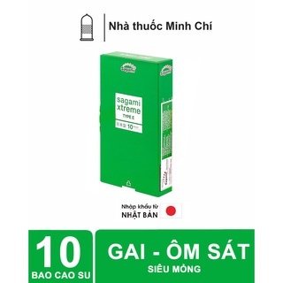 Bao cao su Sagami xanh green có gai , gân mẫu mới (Hộp 10 chiếc)