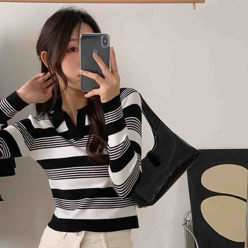 SUXI Áo Dệt Kim Tay Dài Dáng Rộng Họa Tiết Kẻ Sọc Màu Sắc Tương Phản Phong Cách Cổ Điển Thời Trang Cho Nữ